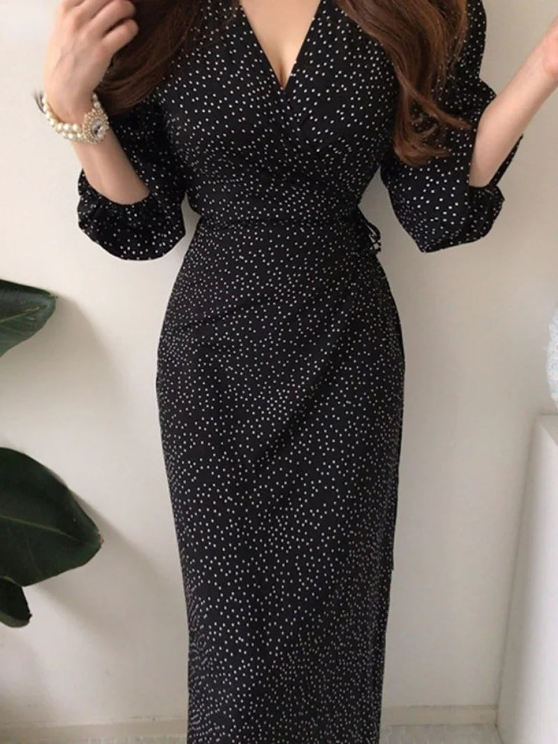 Maxi Dresses for Women V-Neck Elegant Vestidos Feminino Bandage Slim Waist Robe Puff Sleeve Vintage Korean Chic Dot Dress