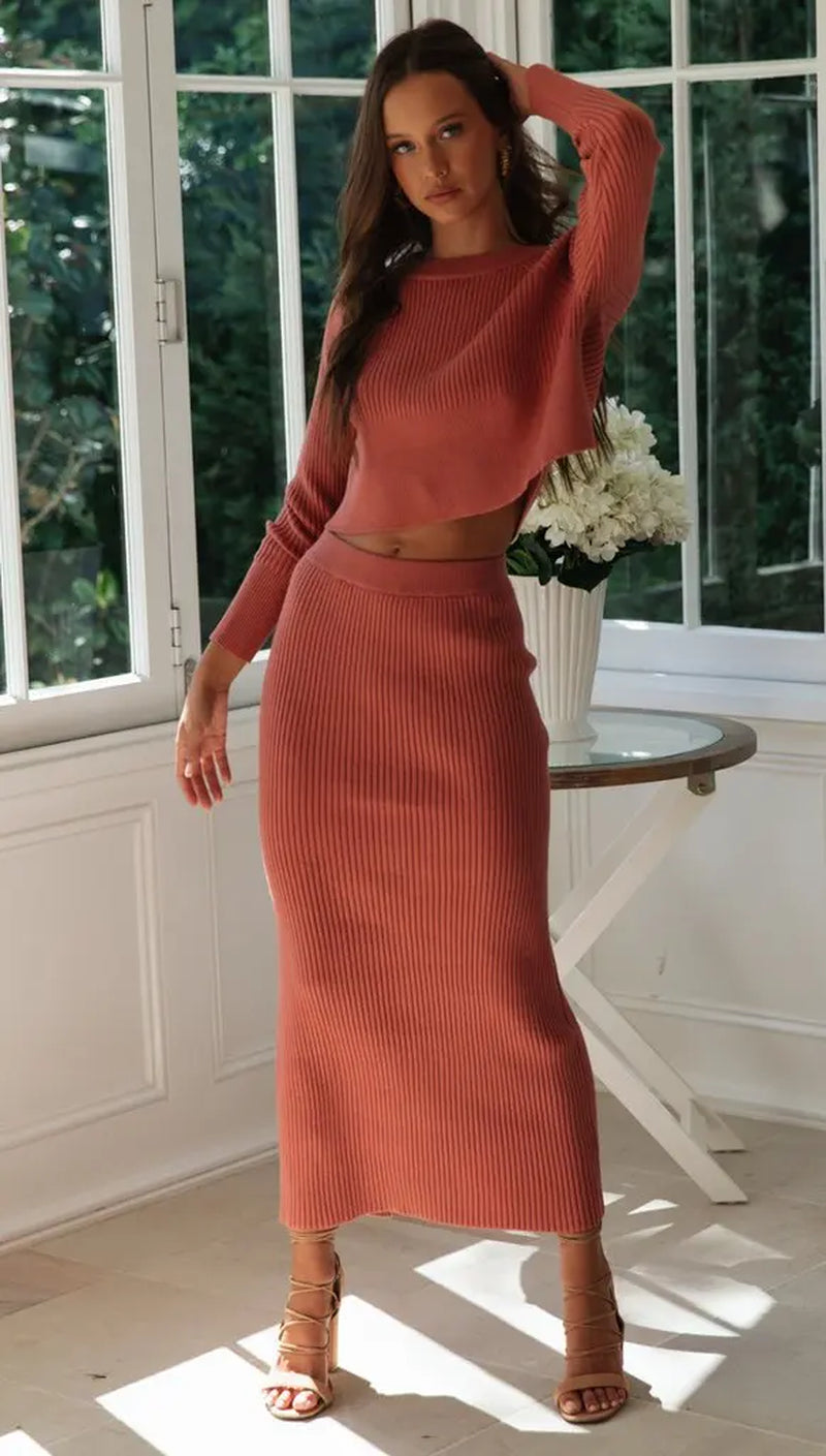 Knitted Skirt 2 Pieces Set Women Pullovers Sweater Crop Tops & Knitted Bodycon Skirts Suits Outfits Female Clothes