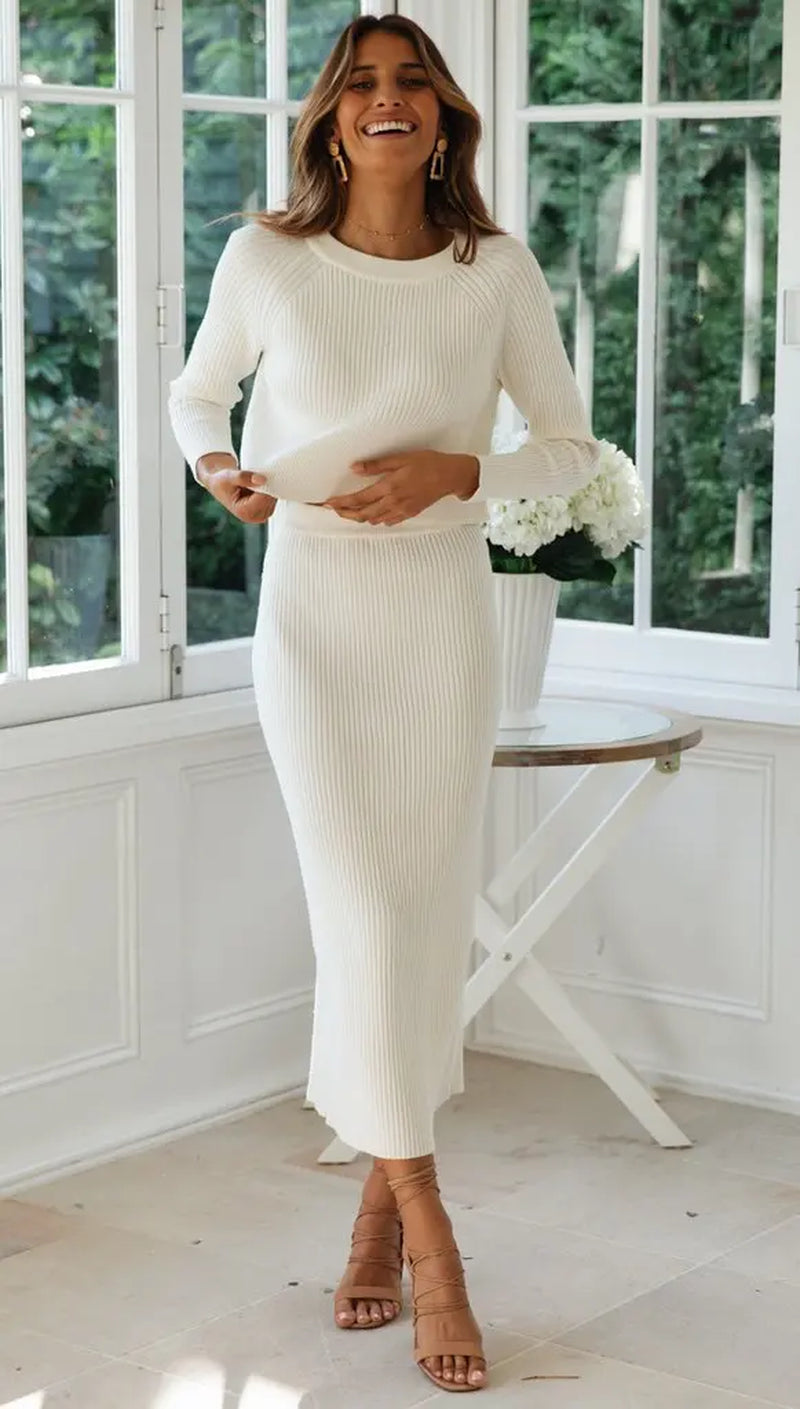 Knitted Skirt 2 Pieces Set Women Pullovers Sweater Crop Tops & Knitted Bodycon Skirts Suits Outfits Female Clothes