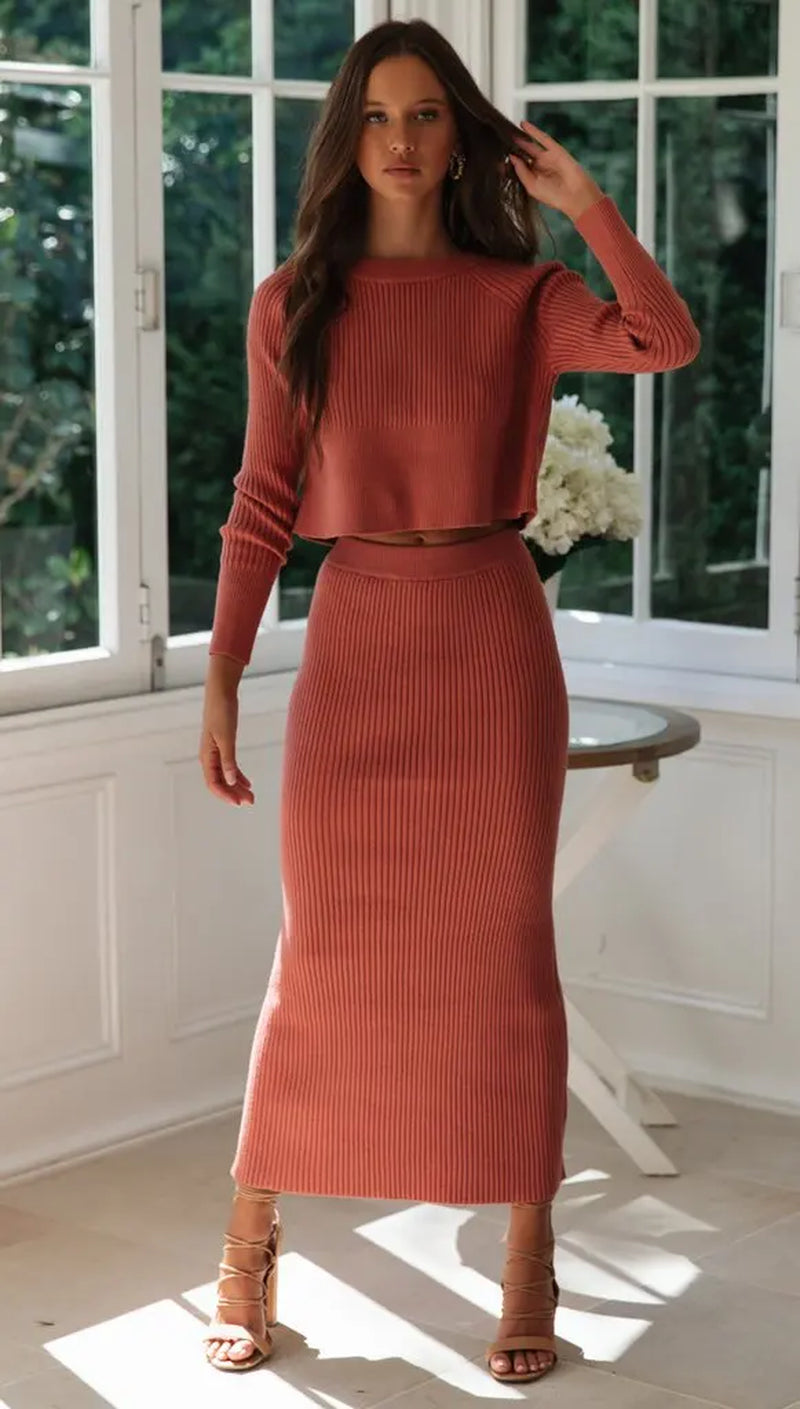 Knitted Skirt 2 Pieces Set Women Pullovers Sweater Crop Tops & Knitted Bodycon Skirts Suits Outfits Female Clothes