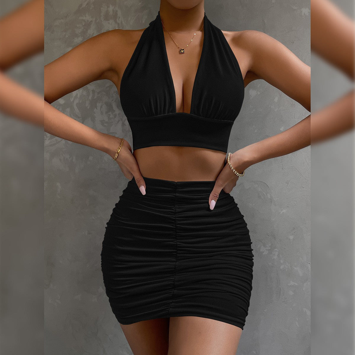 2Pcs Dress Suits for Women Halter Lace-Up Hip Top and Pleated Hip-Covering Skirt