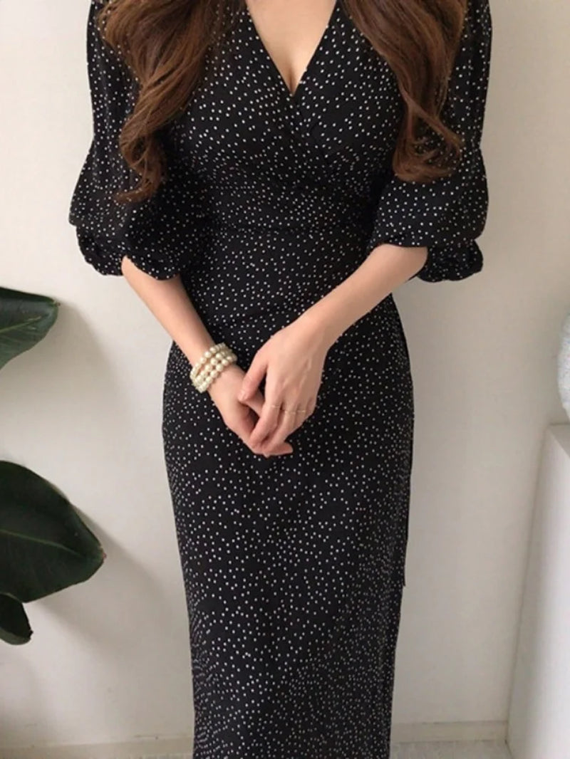 Maxi Dresses for Women V-Neck Elegant Vestidos Feminino Bandage Slim Waist Robe Puff Sleeve Vintage Korean Chic Dot Dress