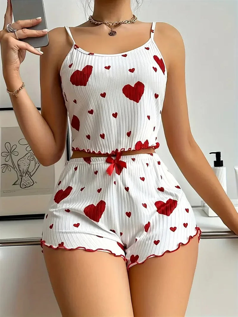 5 Size Choose S M L XL 2XL Women'S Pajamas Set Straps Sleepwear Vest + Shorts Red Heart Print Nightwear Sexy Lingerie
