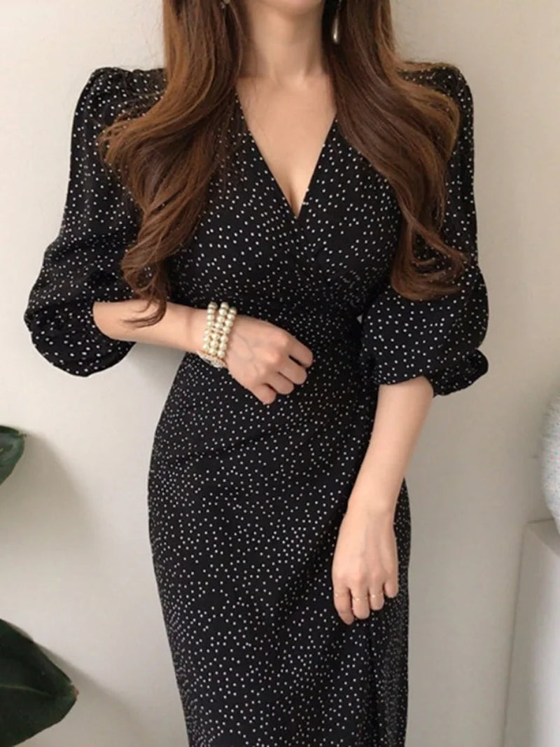 Maxi Dresses for Women V-Neck Elegant Vestidos Feminino Bandage Slim Waist Robe Puff Sleeve Vintage Korean Chic Dot Dress